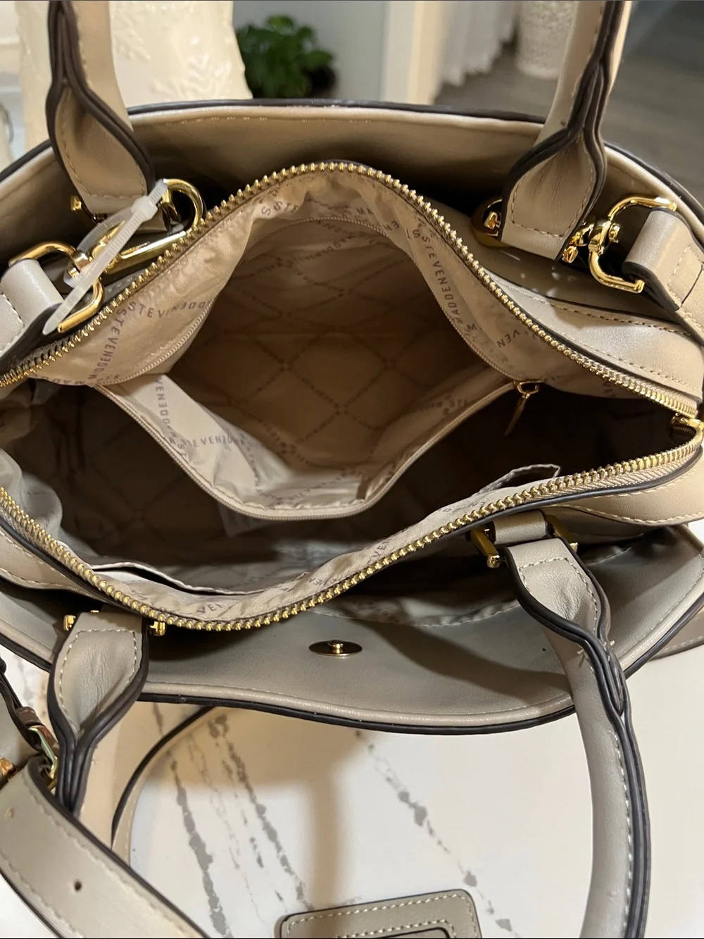 Steve Madden Beige Floral-Embroidered Dome Satchel